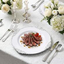 Silver Cheese Tray/Platter/Plate, 10.25 Inch Dinner Plate/7.5 Inch Side Plate, White Base With Silver Embossed Dragon Pattern Design, Washable And Reusable Party Plates, Fruit/Cake Tray, Platter, Stackable Space-Saving. Perfect For Weddings, Parties, Birthday Gatherings, Outdoor Garden Banquets, Christmas, Thanksgiving Dinner - View 8