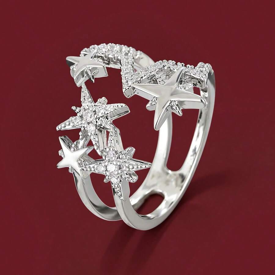 1pc Elegant Star Shaped Adjustable Design Cubic Zirconia Inlaid Ring For Women - Multicolor - View 1