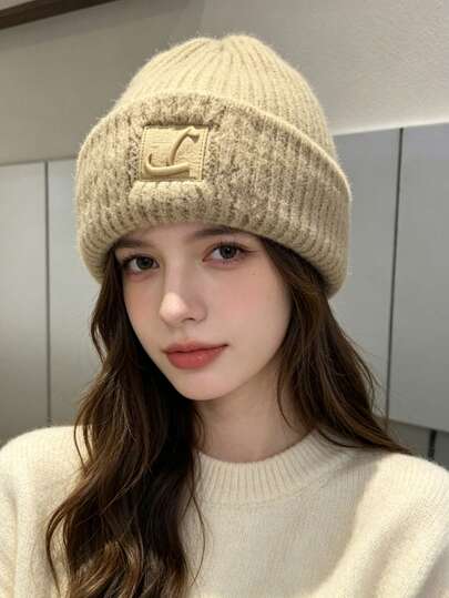 1pc Women's Letter Patch Embroidery Decor Vertical Stripe Knit Fabric Warm Casual Style Knit Beanie For Autumn/Winter Daily Outdoor Wear