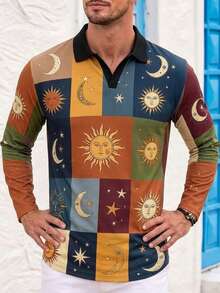 Men's Autumn/Winter Casual Daily Commute Sun Moon Star Print Colorblock Patchwork Ribbed Collar Long Sleeve Polo Shirt - Multicolor - View 1