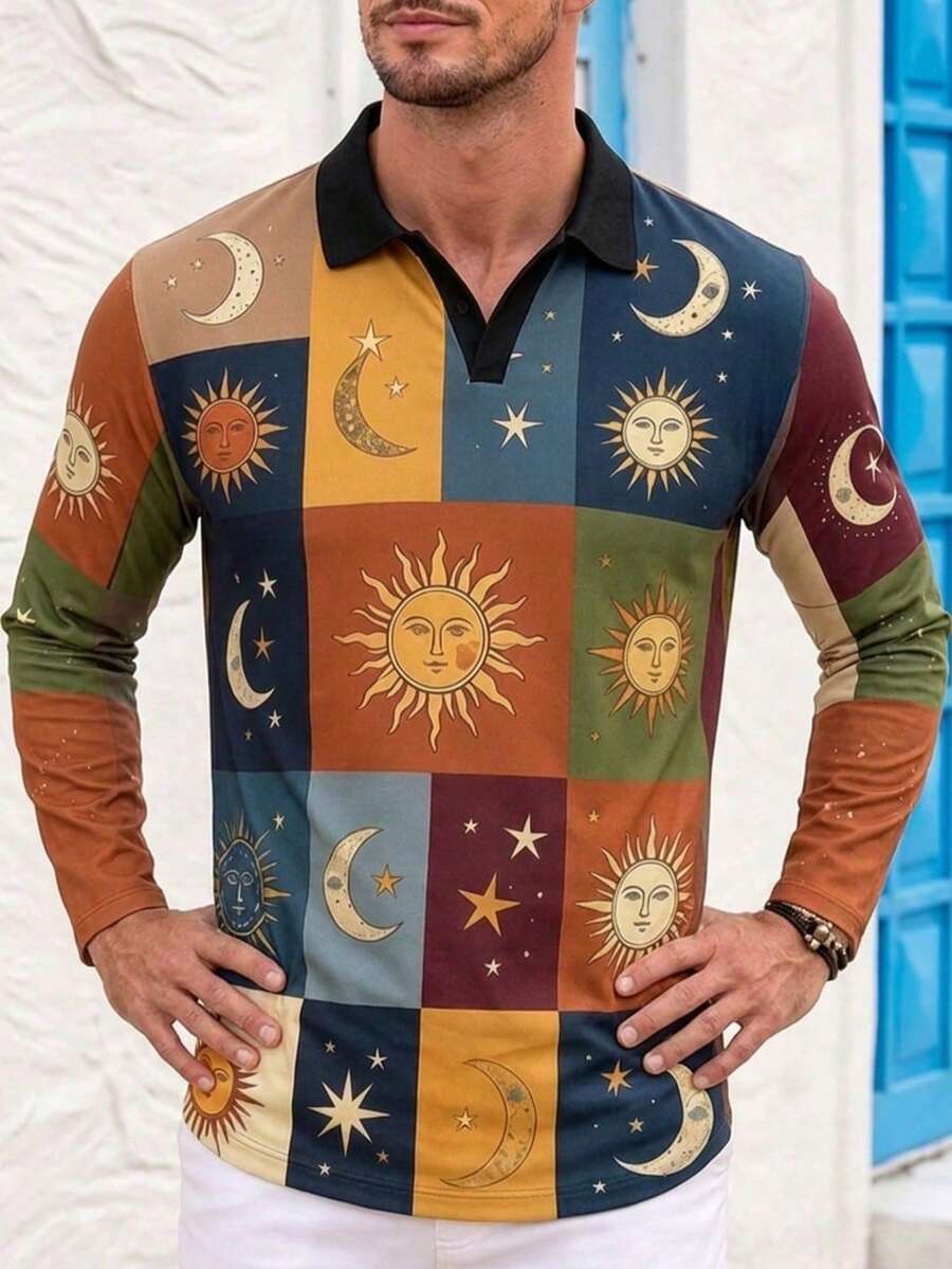 Men's Autumn/Winter Casual Daily Commute Sun Moon Star Print Colorblock Patchwork Ribbed Collar Long Sleeve Polo Shirt - Multicolor - View 1
