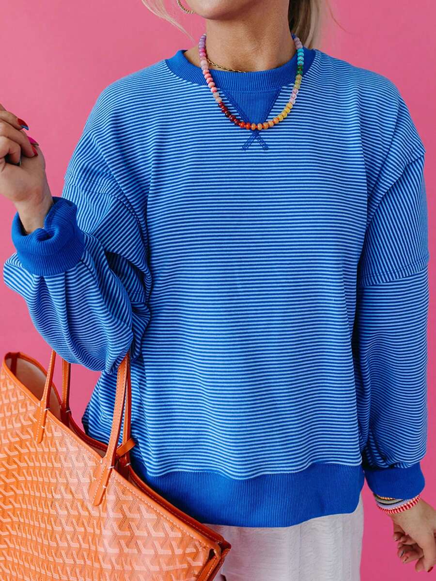 Acelitt Sudadera de manga larga holgada con cuello redondo, costura en V, hombros caídos y rayas para primavera y otoño - Azul - Ver 1