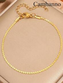 Camhanno 1件極簡休閒時尚不鏽鋼圓蛇骨鏈扁蛇骨鏈手鍊，適合日常配戴，情侶禮物 - 金色 - 查看 3
