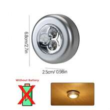 Silver Push-Button LED Light, 3 LED Wireless Cabinet Night Light, Yellow/White Light Round Push Design, Wall Lamp Suitable For Home Lighting, Hallway Bathroom, Bedroom Kitchen, Cabinet Stairs, Dorm Lighting Essential (Battery Not Included) - Silver Casing - View 6