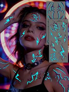 2Sheets Halloween Luminous Temporary Tattoos - Waterproof Blue Lightning & Vein Back Full Arm&Face&Body Art Stickers For Halloween Cosplay & Party Festival Tattoos - Purple - View 3