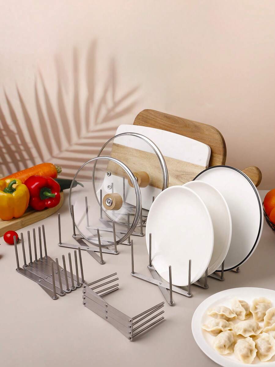 1pc Expandable 430 Stainless Steel Bowl & Plate Rack, 3/4/5/6/7 Slots Optional, Kitchen Cabinet Countertop Storage Rack, Pot Lid Organizer, Cookware Divider Rack, Drill-Free Practical Kitchen Tool For Home - View 1