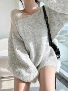 Women's Designer Long Sleeve Sweater, Slouchy Base Layer Top - Light Grey - View 7
