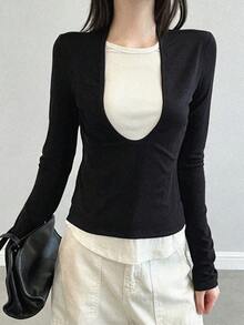 Kaos Lengan Panjang 2 In 1 Motif Blok Warna untuk Wanita, Gaya Korea Musim Semi, Atasan Kasual Pas Badan yang Melangsingkan Pinggang - Hitam dan Putih - View 2