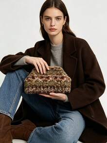 Autumn/Winter Maillard Style Mixed Color Plush Handbag, Atmospheric Contrast Color Minimalist Commuter Evening Bag, 1pc Coffee Bag - Coffee - View 3