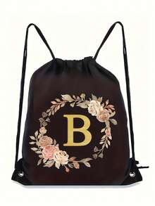 1pc Floral Wreath Alphabet Initial Drawstring Backpack, Letter Print Drawstring Bag, Light Sports Gym Sack, Portable Storage Bag For Travel Sports - Black - View 38