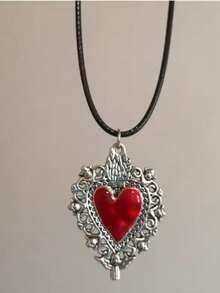Harajuku Red And Black Gothic Heart Pendant Leather Rope Choker Necklace For Women Men Grunge Y2K Halloween Jewelry Accessories - Multicolor - View 5