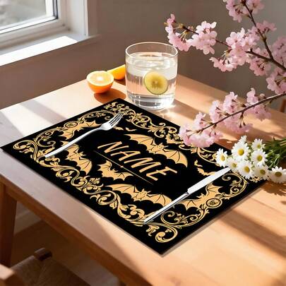 1/4pcs Customizable Name Halloween  Gothic Bat Pattern 11.81X17.72inch Rectangle Placemats, Heat Resistant Decor Table Mats For Home Dining, Summer Halloween Party Tabletop Decoration