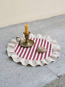 1/2/4/6/12pcs Red And White Striped Placemats, Fresh Natural Style, Fabric Material, Round Beige Ruffle Edge Detail, Stain-Resistant Protection For Tabletop And Decorative Enhancement, Suitable For Daily Tea And Natural Home Decor - Red - View 5
