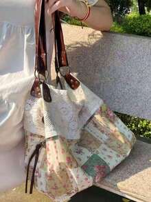 Floral Plaid Pattern Lace Patchwork Decor Soft Tote Bag, Relaxed Silhouette, Mori Style, Suitable For Campus, Outings, Shopping, Travel, Artistic Vibe, Large Capacity Shoulder Bag - Green - View 7