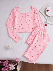 Girls 2-Piece Bow Print Pajama Set, Pink Ribbed Square Neck Long Sleeve Top + Ruffle Wide Leg Pants, Soft Comfortable Loungewear - Pink - View 3