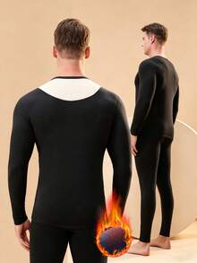 Men's Winter Thermal Lined Thermal Underwear Set, Soft Warm Crew Neck Long Sleeve Top + Long Pants, Solid Color Elastic Fabric, Seamless Comfortable Heat Retention, Home Wear Base Layer Thermal Set - Black - View 4