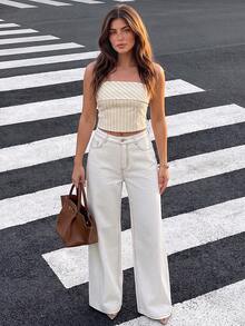 TOP Y2K Fashion Women's Straight Leg Jeans, Non-Stretch Light Wash Denim, Classic Button Closure, Relaxed Casual Fit White Fall - White - View 1