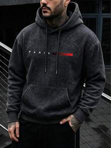 Men's Washed Distressed Hoodie Sweatshirt, Autumn/Winter, PARIS Letter Red Stripe Print, Loose Fit, Drawstring, Kangaroo Pocket, Pullover Top - Black - View 4