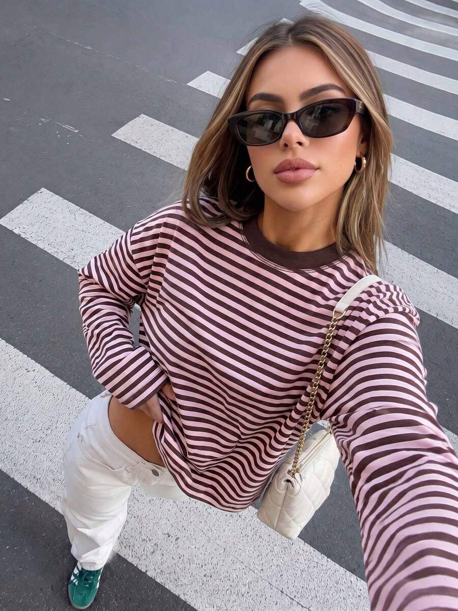Casual Loose Striped Color Block T-Shirt Spring - Rusty Rose - View 1