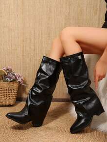 Women's Black Tall Boots, Vintage Chunky Heel Pointed Toe Pant Boots, Metal Buckle Ruched Stacked Boots, Suitable For Outdoor, Party, Music Festival - Black - View 3