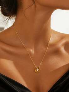 VceTd 2PCS Romantic Style Heart Pendant With Paperclip Chain Layered Necklace Set, Stainless Steel For Women, Suitable For Daily Wear, Dating Or Valentine's Day Gift - Yellow Gold - View 3