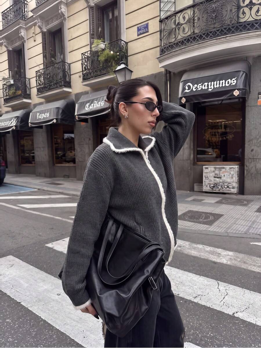 Women's Fuzzy Knit Zip-Up Cardigan, Wide Collar Contrast Trim Sweater Jacket, Suitable For Thanksgiving And Christmas Outfits - Grey - View 1