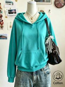 Women's Loose Fit Thin Drawstring Hooded Sweatshirt, Suitable For Spring And Autumn Casual Daily Wear - Teal 2 - View 3