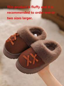 Children's Autumn/Winter Maillard Color Fuzzy Slippers, Girls' Bowknot Thickened Warm Soft Sole Closed-Toe Indoor Slippers - Brown - View 4