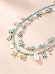 NAIZHU 2pcs Children's Ocean Series Beach Shell & Starfish Pendant Necklace Set, Suitable For Daily Wear, Vacation Accessory Gift - Blue - View 4
