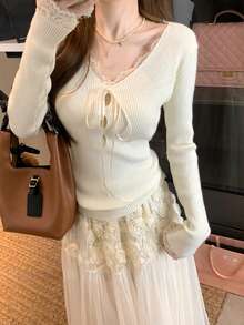 Minimalist Sexy V-Neck Knit Sweater Women Korean Style Autumn New Slim Fit Long Sleeve Pullover Base Layer Top Random Cut - Apricot - View 4