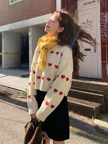 Women's Autumn/Winter Heart Jacquard Casual Crew Neck Slouchy Sweater - Apricot - View 2