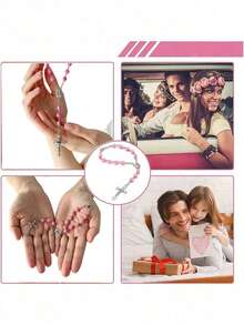 1 pieza Adorno de cruz con cuentas de rosa rosa, elegante decoración colgante para espejo retrovisor - Rosa - Ver 3