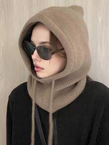 Knitted Balaclava Drawstring Face Mask Winter Warm Hood - A - View 2