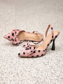 Women Pointed Toe Polka‑Dot Satin Slingback Heels, Bow Decor Slingback Pumps, Elegant Evening Party Dress Sandals - Pink - View 2