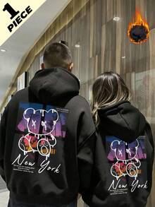 Autumn Winter Unisex Hoodie With Cartoon Bear And New York Print, Loose Fit Long Sleeve Y2K - Black - View 1