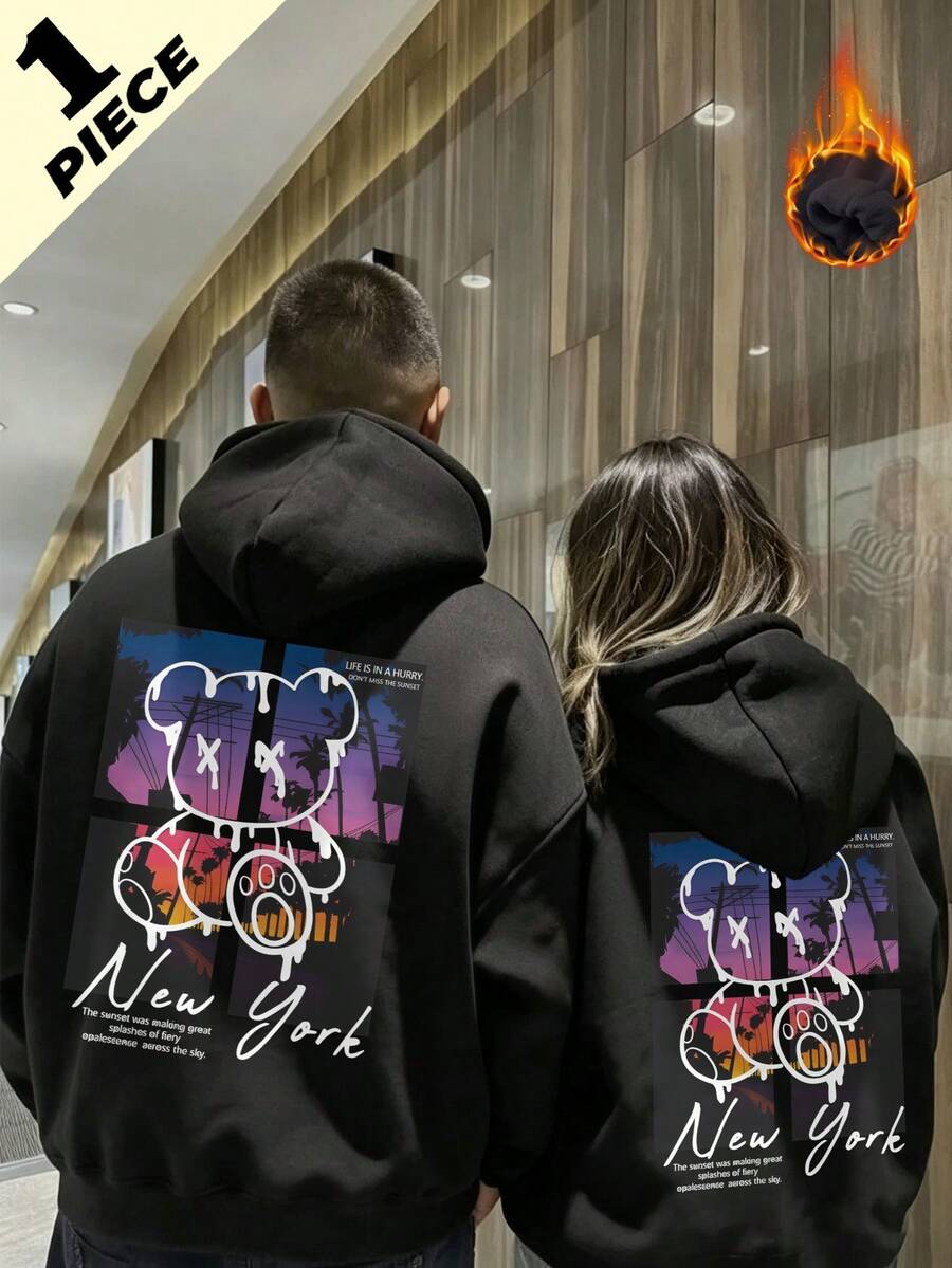 Autumn Winter Unisex Hoodie With Cartoon Bear And New York Print, Loose Fit Long Sleeve Y2K - Black - View 1