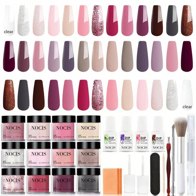 Dual-Color Glitter Base Nail Polish Set, Includes 20 Colors Of Dip Powder, Comes With Multiple Nail Art Tools (Including Top Coat And Base Coat Activator), Suitable For French Manicure Care, Valentine's Day Gift - Multicolor - View 1