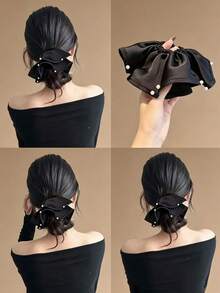 1pc Satin Pearl Lace Scrunchie, Pleated Fat Hair Tie For Bun And Low Ponytail - Black - View 1