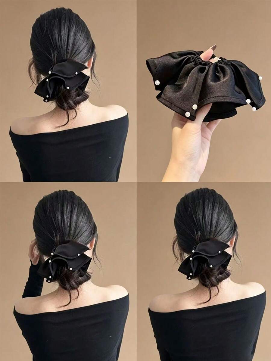 1pc Satin Pearl Lace Scrunchie, Pleated Fat Hair Tie For Bun And Low Ponytail - Black - View 1