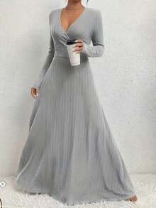 Women's Plus Size Solid Color Knit Fabric Ruched Waist/Pleated Waist Dress For Date, Formal Evening, Spring And Autumn - Light Grey - View 4