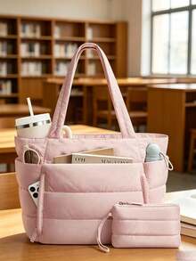 Tote Bag With Multiple Compartments And External Pockets, Excellent Storage Capacity, Comes With Matching Small Pouch, Zipper Closure, Minimalist Casual Style, Tote Handbag, Suitable For Commuting, School, Travel And Other Scenarios, Balancing Practicality And Style - Pink - View 7