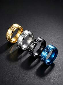 4PCS Retro Punk Viking Rune Stainless Steel Men's Rings, Men's Jewelry Accessories, Commemorative Ornaments For Daily, Party,Business And Banquet Wear - Multicolor - View 5