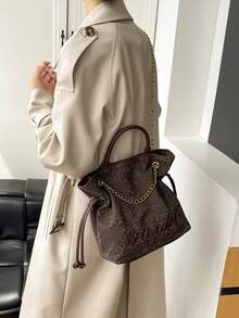 Brown Leopard Print Chain Bag, Drawstring Closure Handbag, Vintage Style Daily Shoulder Crossbody Small Tote Bag For Women - Coffee - View 7