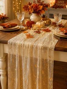 1pc Elegant Gold Glitter Tulle Table Runner, Romantic Bohemian Style Tablecloth, Home Decor, Party Decoration, Table Centerpiece Decoration, Christmas Decoration, Suitable For Wedding, Birthday Party, Bridal Shower And Christmas Tree Decoration - Broken Gold - View 5