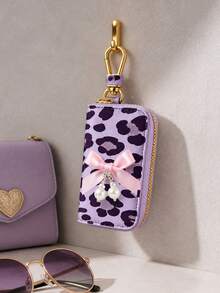 Multi-Functional Key Bag, Adorned With Pearl Bow Decorations, Leopard Print Key Pouch, Zipper Key Storage Bag, Car Key Chain, Compact Key Wallet, Key Chain, Zipper Key Storage Bag, Halloween Gift, Teacher's Day Gift, Small Gift, Key Chain, Key Chain, Suitable For Women, Car Key Chain, Suitable For Men Mini Wallet - Multicolor - View 5