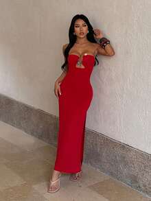 1pc Solid Color Elegant Knit Fabric Sleeveless Dress Beach Summer - Red - View 2
