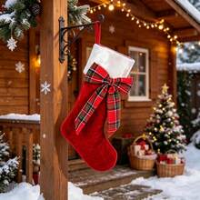 Red Christmas Stockings Retro Plaid Bow Hanging Decorative Socks For Mantel - Red - View 4