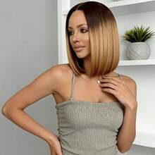 Women's 12-Inch Gradient Brown Middle Part Wig, High-Temperature Synthetic, Fashionable Elegant Versatile Design, Suitable For Daily Wear Or Carnival Events, Soft Hair Texture With Natural Styling, Adjustable Cap Band For Comfortable And Secure Fit - Brown Ombre - View 5