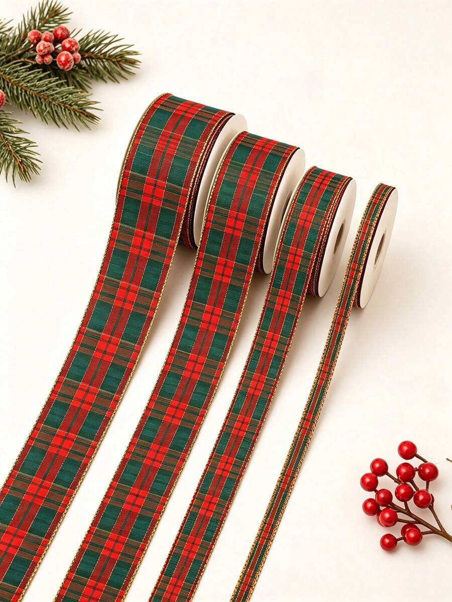 10 Yards Red And Green Plaid Ribbon With Luxury Gold Trim Pattern, Suitable For Gift Wrapping, Holiday Celebrations, Making Bows, Wreaths And Other DIY Crafts - Multicolor - View 1