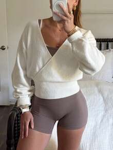Women's Fashion White Knitted Sweater, Regular Length Long Sleeve Pullover, Slightly Elastic, Suitable For Spring And Autumn Wear. - White - View 5